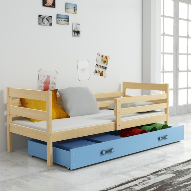 Lit ado simple Éric 90X190 avec matelas et tiroir, pin/bleu