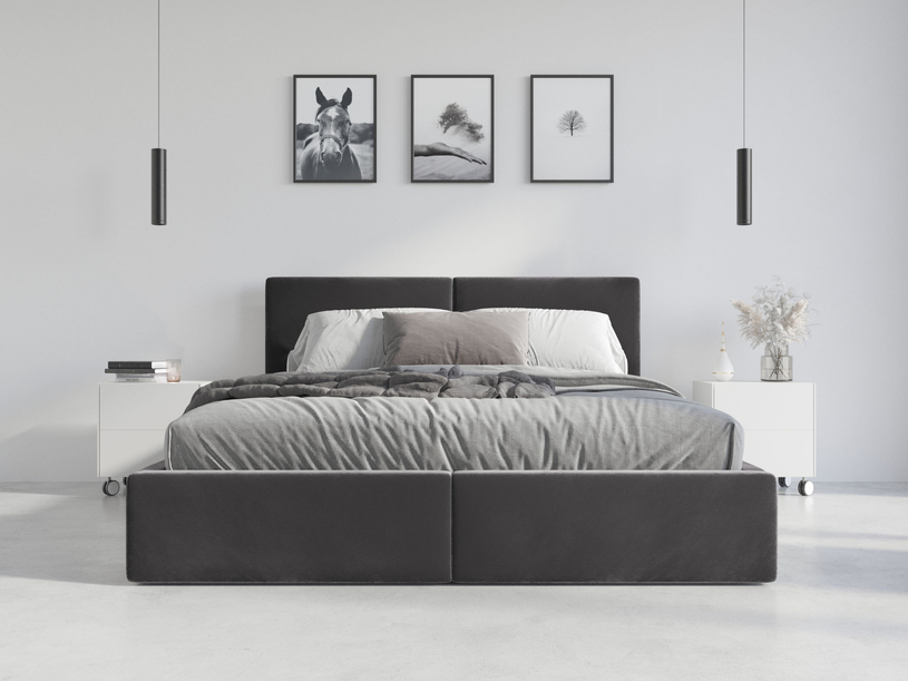 Lit double rembourré Le Hilton 140X200 avec matelas et coffre, graphite