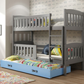 Lit ado superposé 3 places Jacquot 90X190 avec matelas et tiroir, gris/bleu