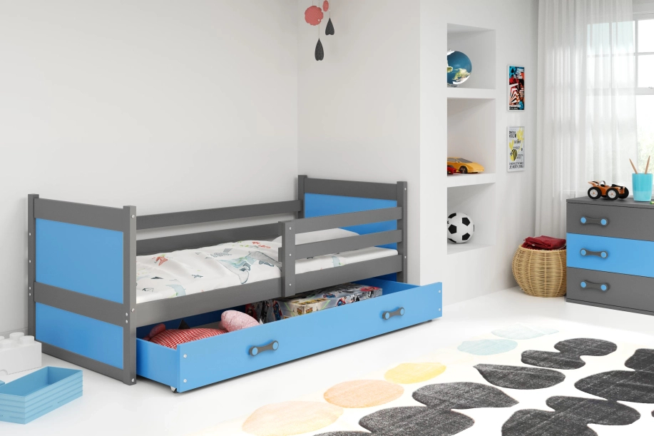 Lit ado simple Rico 90X200 avec matelas et tiroir, gris/bleu