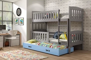 Lit ado superposé 3 places Jacquot 90X190 avec matelas et tiroir, gris/bleu