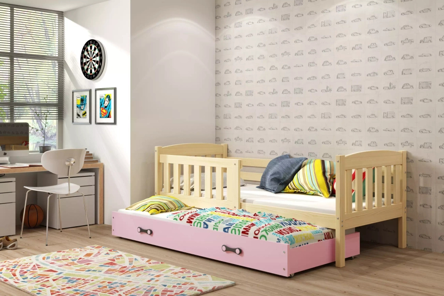 Lit ado gigogne Jacquot 80X190 avec matelas et tiroir, pin/rose