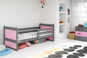 Lit ado simple Rico 90X190 avec matelas, gris/rose