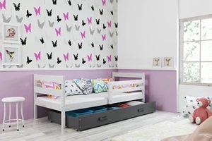 Lit ado simple Éric 80X190 avec matelas et tiroir, blanc/gris