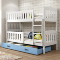 Lit ado superposé Jacquot 90X200 avec matelas et tiroir, blanc/bleu