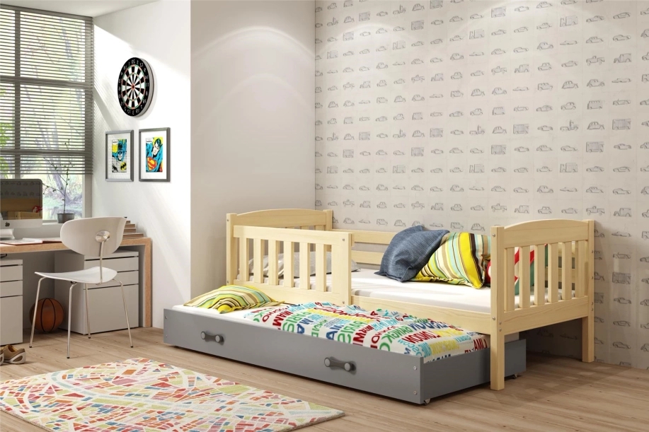 Lit ado gigogne Jacquot 90X190 avec matelas et tiroir, pin/gris
