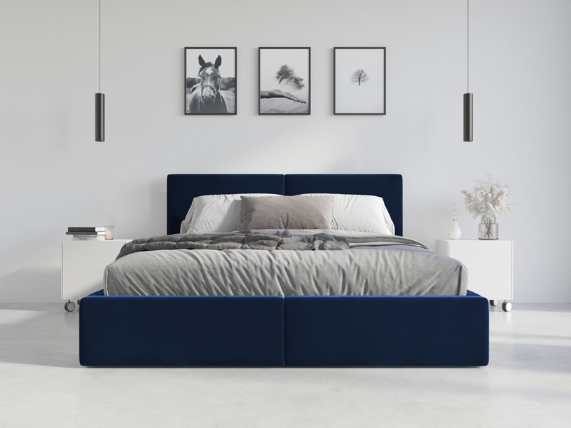 Lit double rembourré Le Hilton 120X200 avec coffre, bleu