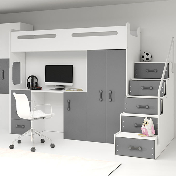 Lit ado simple Max 4 80X200 mezzanine avec bureau, gris