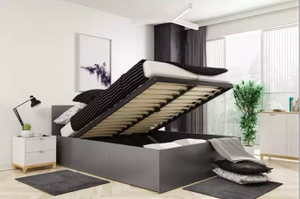 Lit double Le Panamax 140X200 avec matelas et coffre, gris
