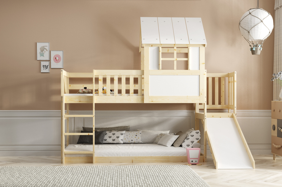Lit mezzanine avec toboggan – cabane en bois naturel 90x200