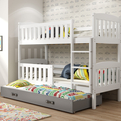 Lit ado superposé 3 places Jacquot 90X190 avec matelas et tiroir, blanc/gris