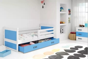 Lit ado simple Rico 90X190 avec matelas et tiroir, blanc/bleu