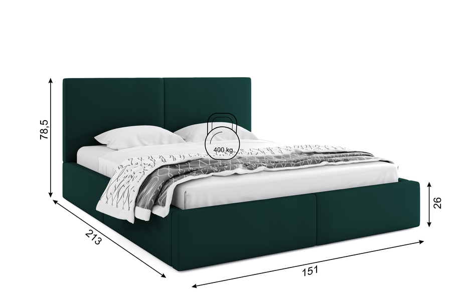 Lit double rembourré Le Hilton 140X200 avec matelas et coffre, vert