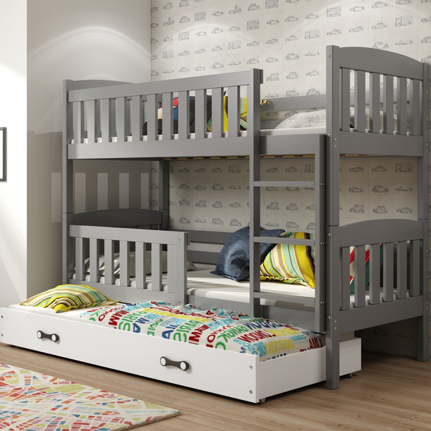 Lit ado superposé 3 places Jacquot 90X190 avec matelas et tiroir, gris/blanc