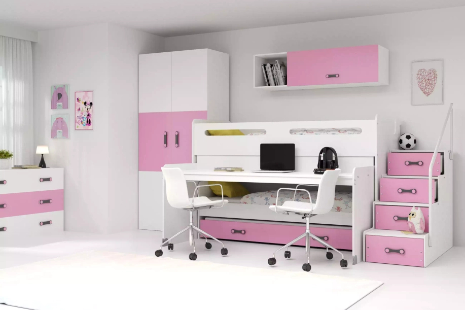 Lit ado superposé 3 places Max 1 80X200 avec matelas et bureau, rose