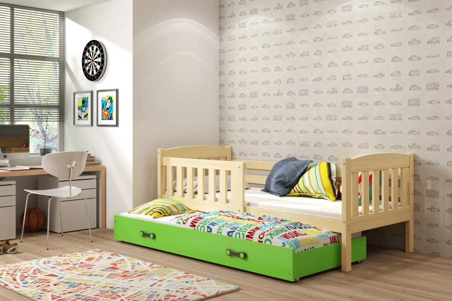 Lit ado gigogne Jacquot 90X200 avec matelas et tiroir, pin/vert