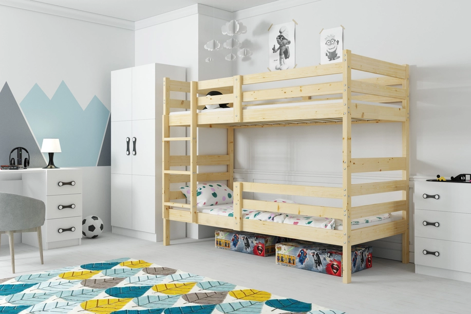Lit ado superposé Éric 90X190 avec matelas, bois naturel