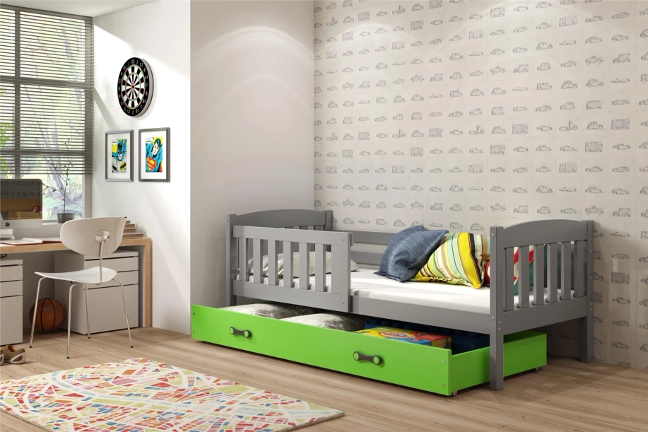 Lit ado simple Jacquot 90X190 avec tiroir, gris/vert