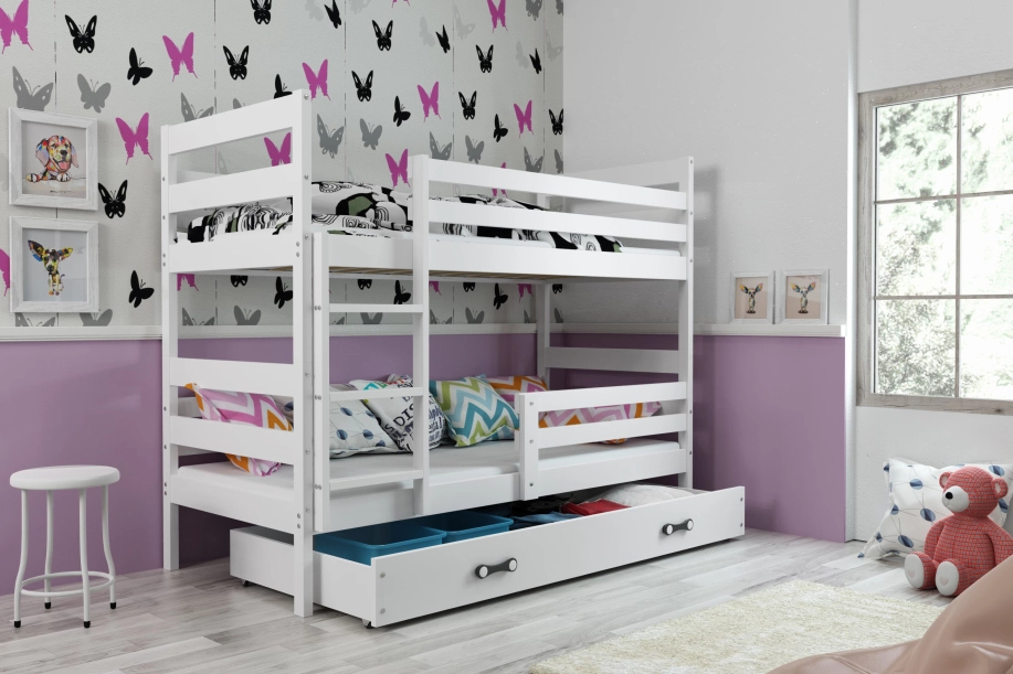 Lit ado superposé Éric 90X200 avec matelas et tiroir, blanc