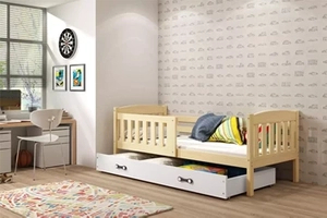 Lit enfant simple Jacquot 80X160 avec matelas et tiroir, pin/blanc