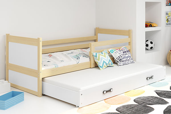 Lit ado gigogne Rico 90X200 avec matelas et tiroir, pin/blanc