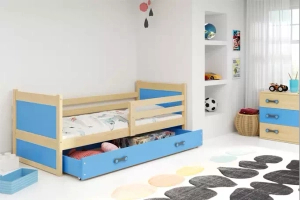 Lit ado simple Rico 90X190 avec matelas et tiroir, pin/bleu