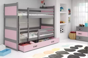 Lit ado superposé Rico 90X190 avec matelas et tiroir, gris/rose