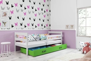 Lit ado simple Éric 80X190 avec matelas et tiroir, blanc/vert