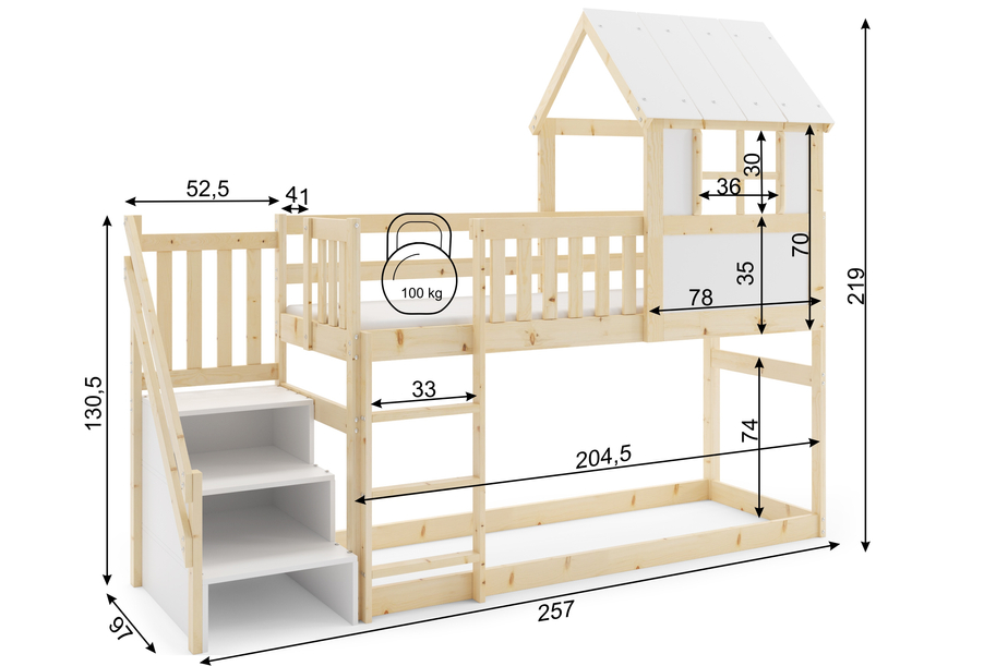 Lit mezzanine cabane avec escaliers et toit – mezzanine en bois naturel 90x200