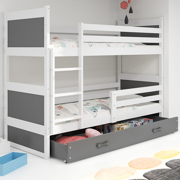 LIT ADOLESCENT SUPERPOSÉ RICO LE CADRE EN BLANC LES PANNEAUX GRIS LE TIROIR EN GRIS SANS MATELAS 90 X 200