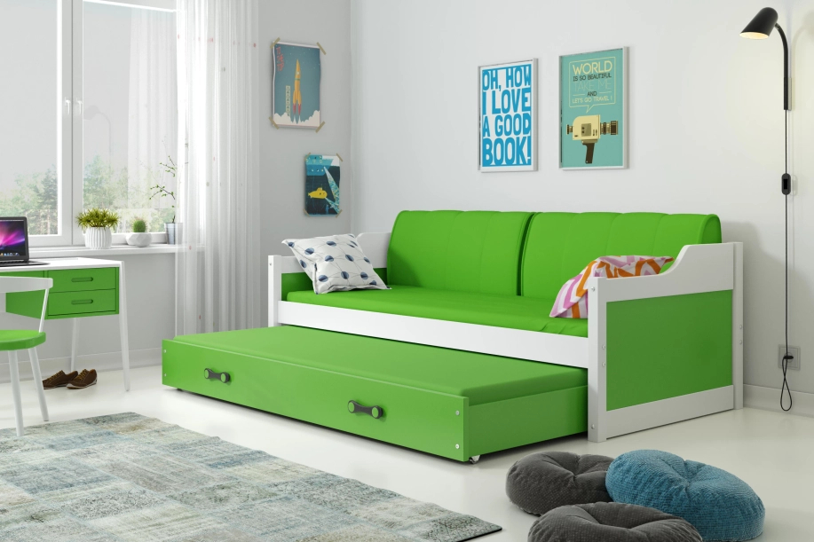 Lit ado gigogne David 90X200 avec matelas et tiroir, blanc/vert