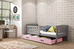 Lit ado simple Jacquot 80X190 avec matelas et tiroir, gris/rose