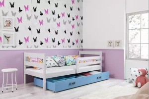 Lit ado simple Éric 90X190 avec matelas et tiroir, blanc/bleu