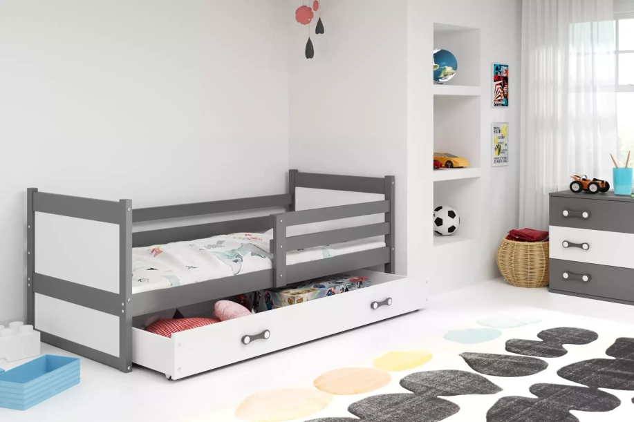 Lit ado simple Rico 90X190 avec matelas et tiroir, gris/blanc