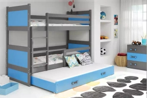 Lit ado superposé 3 places Rico 90X190 avec matelas et tiroir, gris/bleu