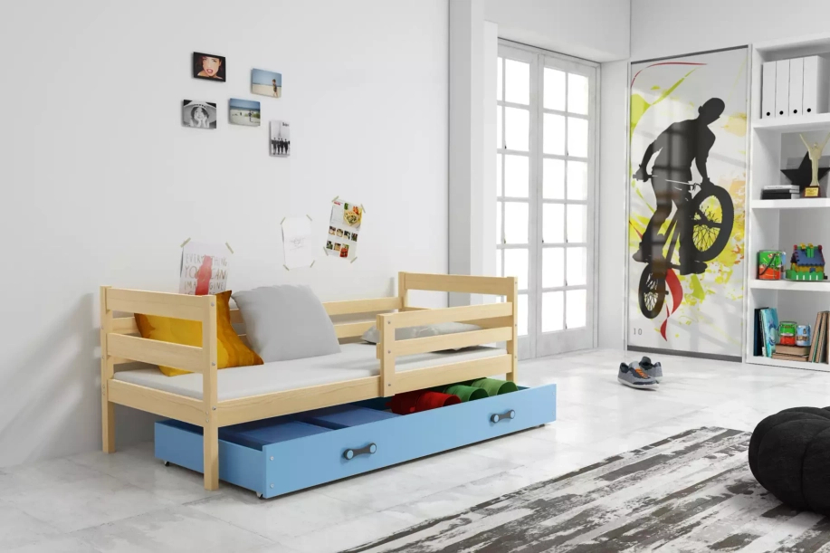 Lit ado simple Éric 90X190 avec matelas et tiroir, pin/bleu