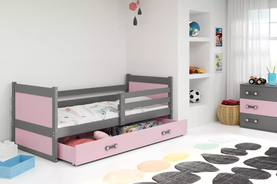 Lit ado simple Rico 90X190 avec tiroir, gris/rose