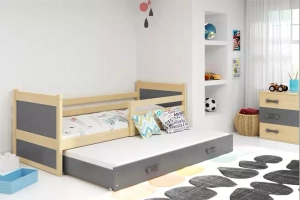 Lit ado gigogne Rico 90X190 avec matelas et tiroir, pin/gris