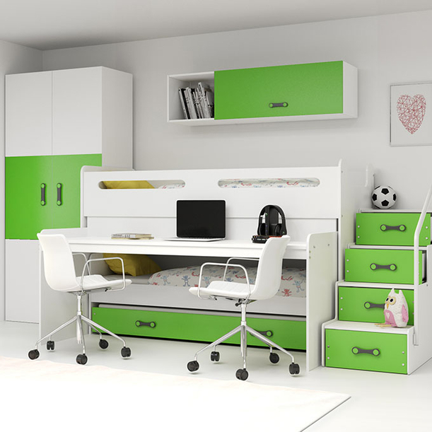 Lit ado superposé 3 places Max 1 80X200 avec matelas et bureau, vert