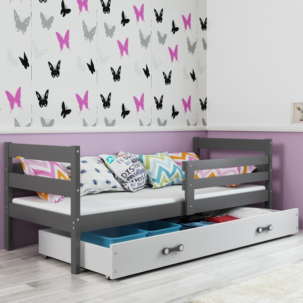Lit ado simple Éric 90X190 avec matelas et tiroir, gris/blanc