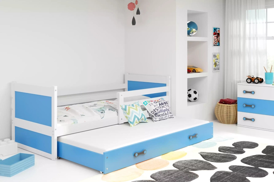 Lit ado gigogne Rico 80X190 avec matelas et tiroir, blanc/bleu