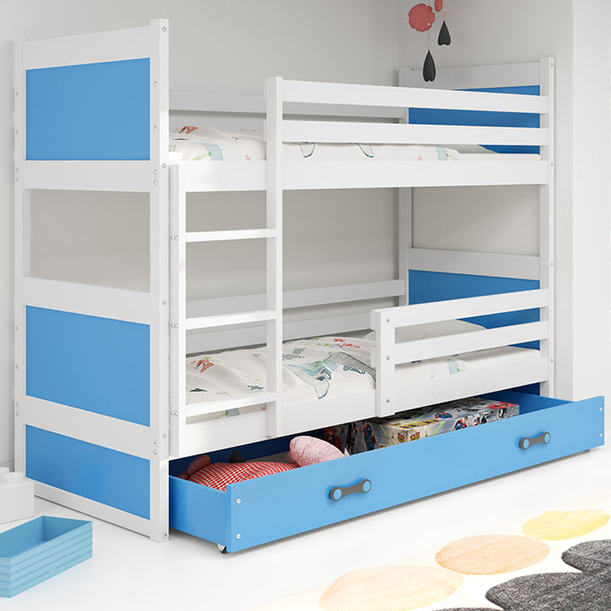 LIT ADOLESCENT SUPERPOSÉ RICO LE CADRE EN BLANC LES PANNEAUX BLEUS LE TIROIR EN BLEU SANS MATELAS 90 X 200