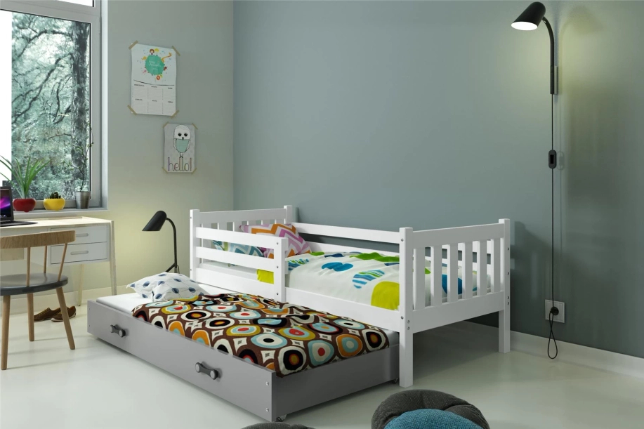 Lit ado gigogne Carino 90X190 avec matelas et tiroir, blanc/gris