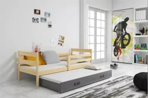 Lit ado gigogne Éric 90X190 avec matelas et tiroir, pin/gris