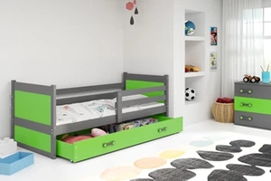 Lit ado simple Rico 90X200 avec matelas et tiroir, gris/vert