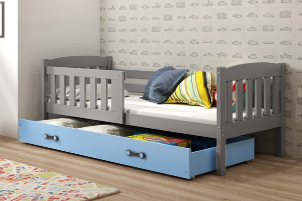 Lit ado simple Jacquot 90X200 avec tiroir, gris/bleu