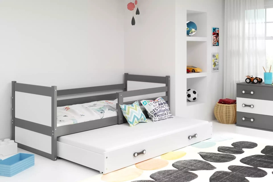 Lit ado gigogne Rico 90X190 avec matelas et tiroir, gris/blanc