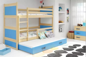 Lit ado superposé 3 places Rico 90X190 avec matelas et tiroir, pin/bleu