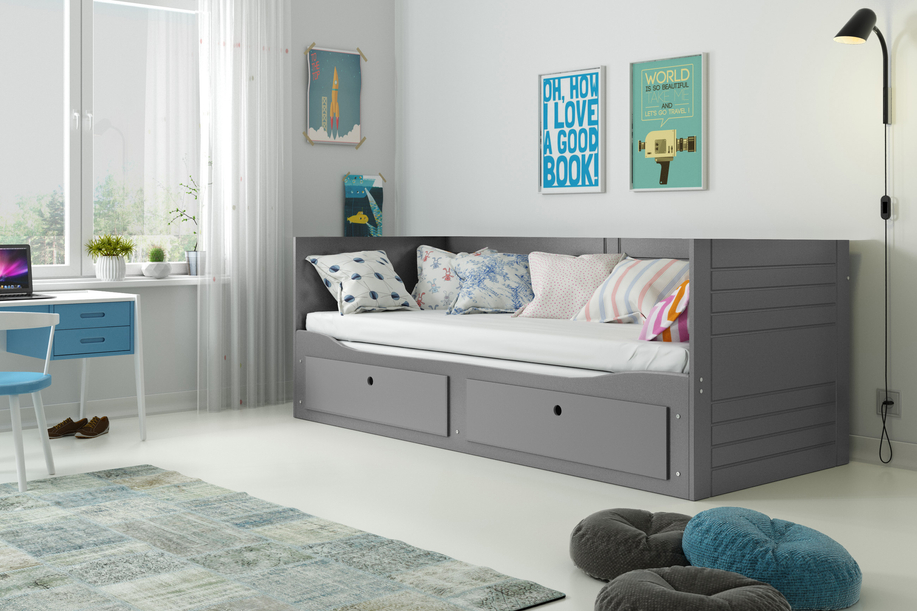 Lit ado gigogne Hermès 80X200 avec matelas et tiroir, gris
