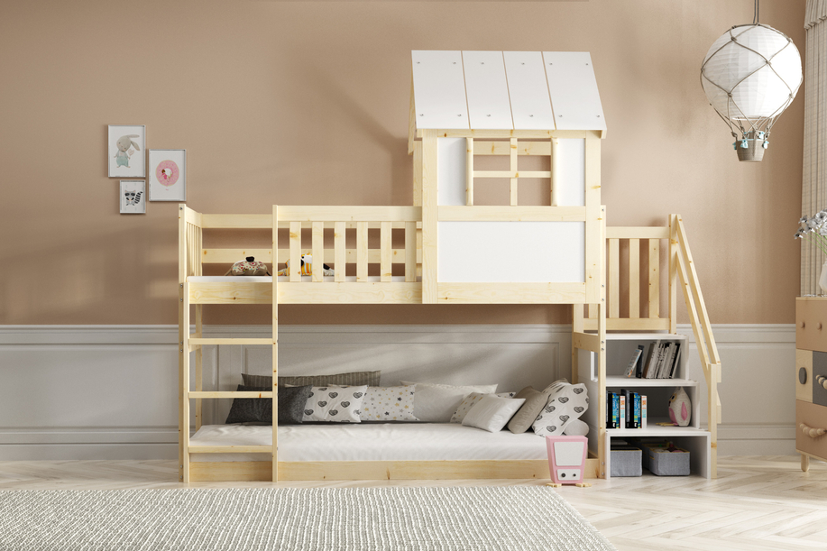 Lit mezzanine cabane avec escaliers et toit – mezzanine en bois naturel 90x200